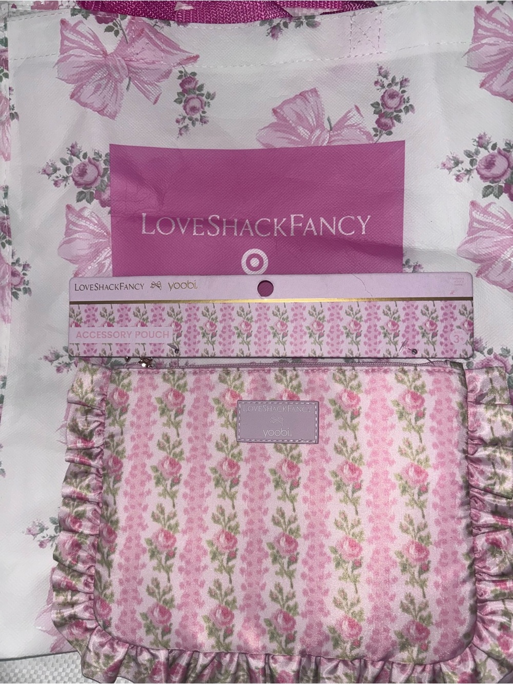 LoveShackFancy Pink Floral Accessory Pouch with reusable bag